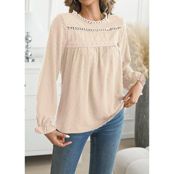 Womens Boho Long Sleeve Shirt Polyester Casual Ruffle Crochet Swiss Dot Top - Picture 5 of 5